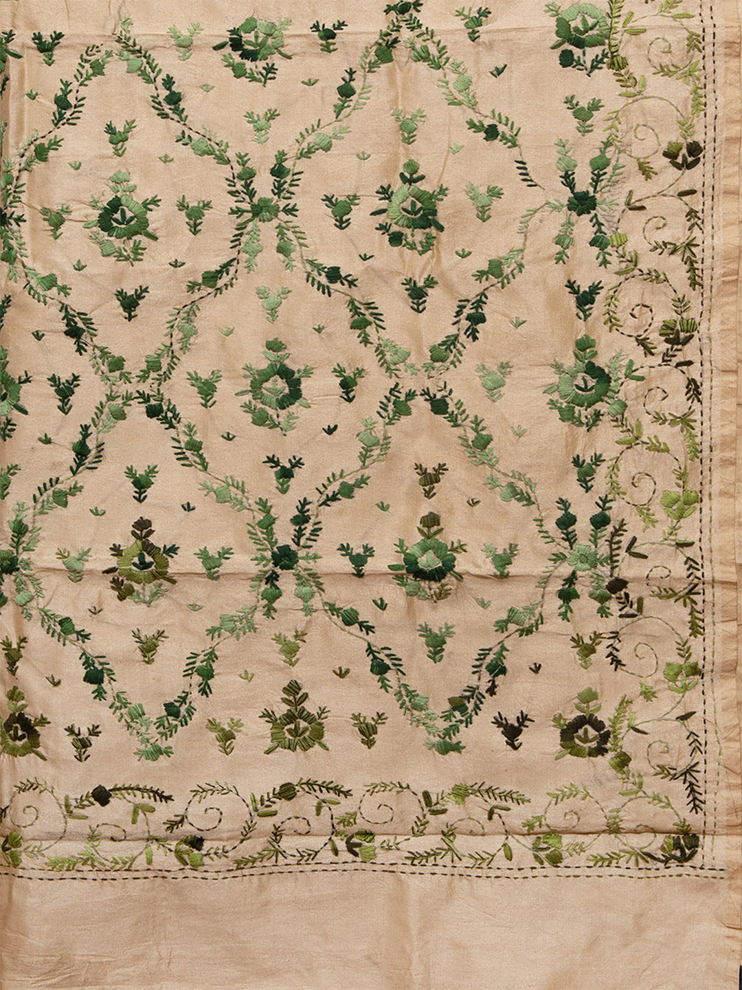Laa Calcutta Beige & Green silk blend embroidered kantha work saree for women