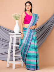 Laa Calcutta Sea Green & Multi pure cotton Taant saree