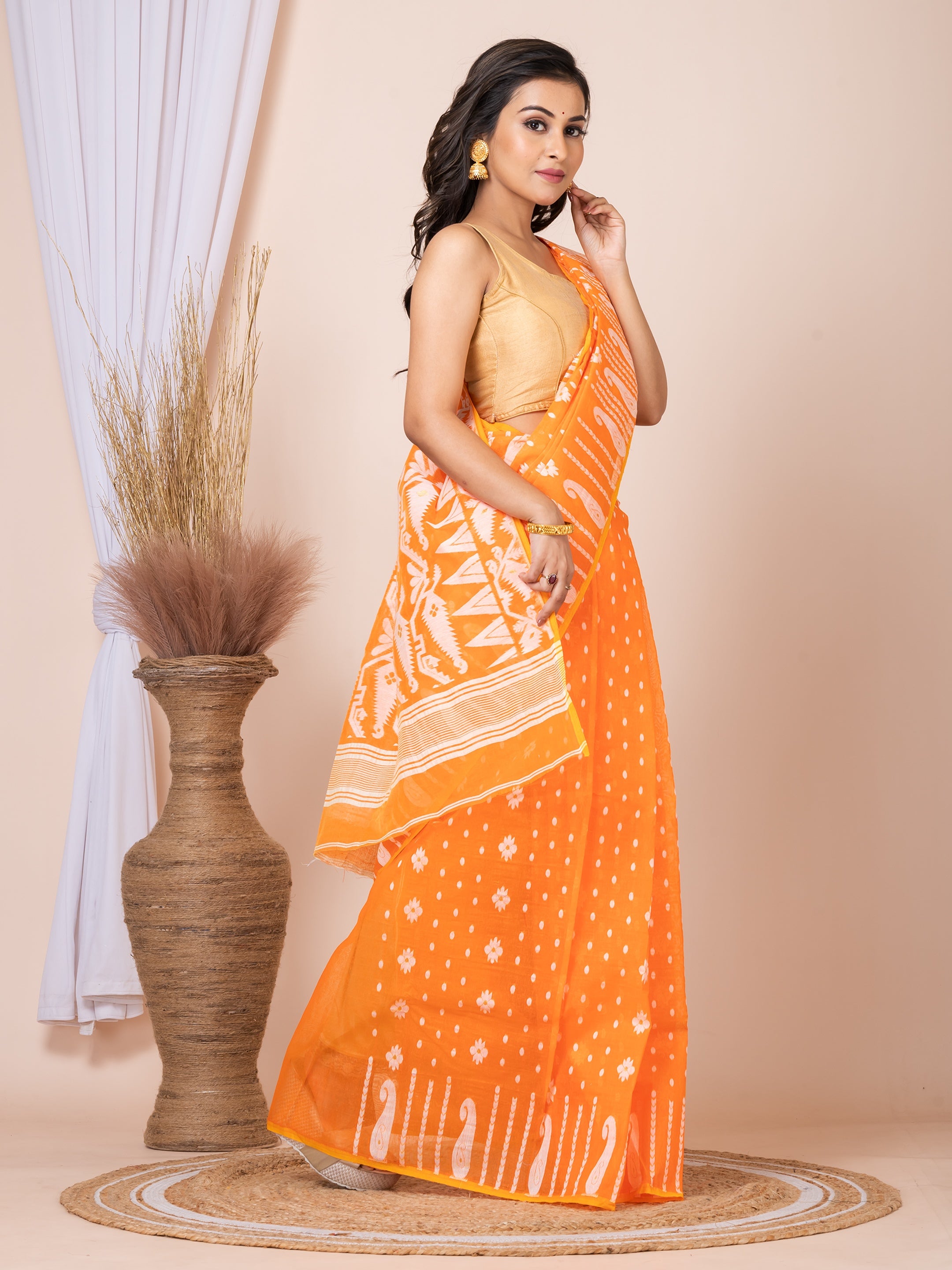 Laa Calcutta Orange & White Woven jamdani saree