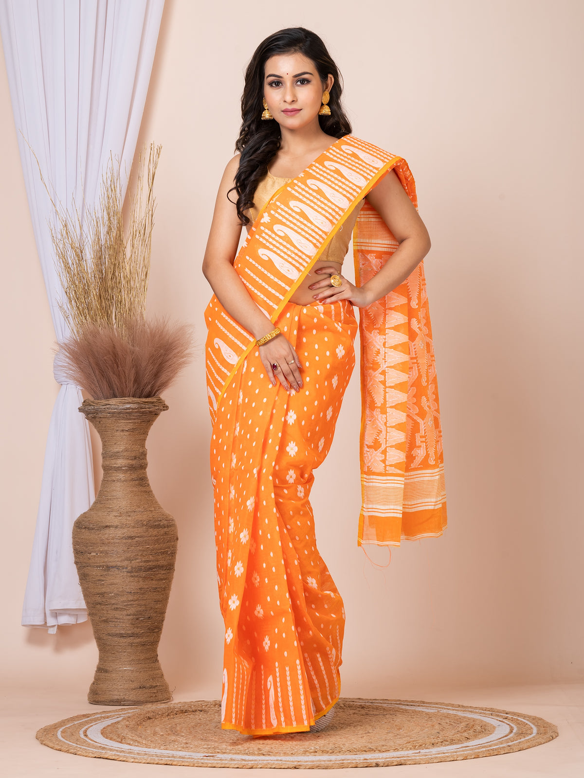 Laa Calcutta Orange & White Woven jamdani saree