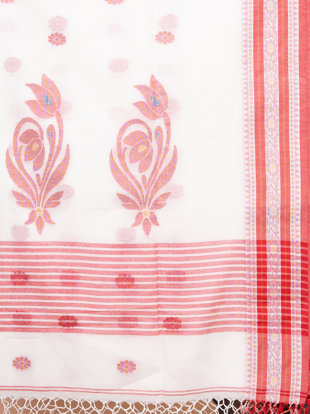 Laa Calcutta White & Red pure cotton hand woven floral border handloom saree