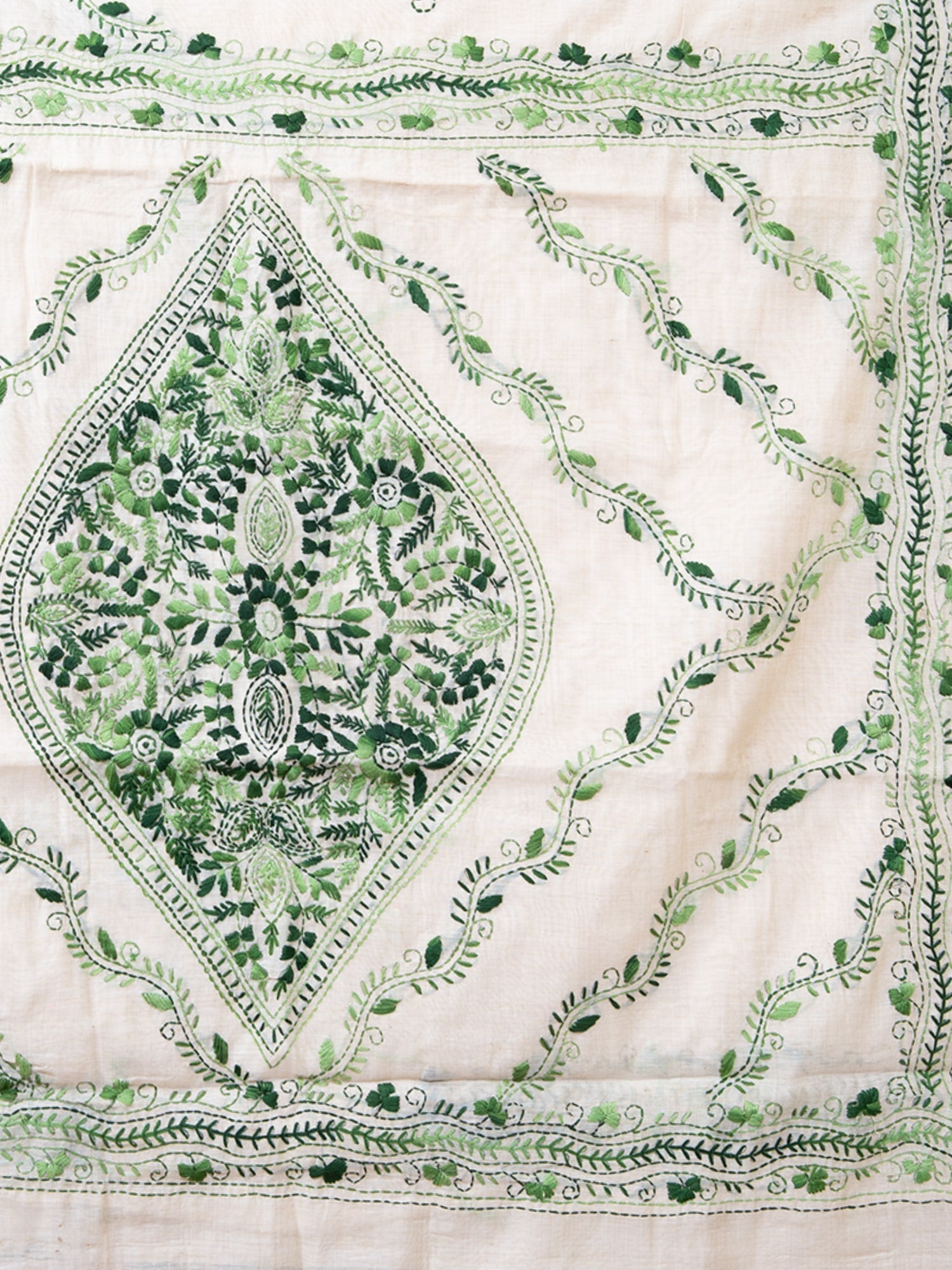 Laa Calcutta White & Green Chanderi silk hand woven embroidered kantha stitch saree for women