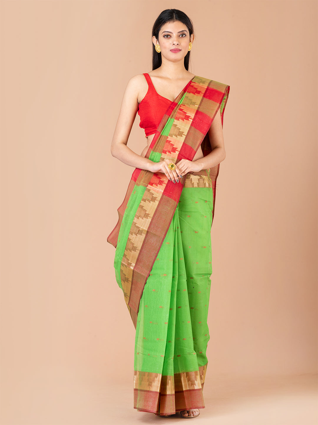 Green & Red pure cotton taant saree