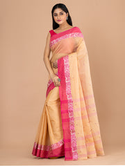 Beige & Pink pure cotton woven design taant saree