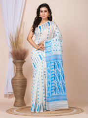 Laa Calcutta White & Sea Green Women Woven floral design Pure cotton taant jamdani saree