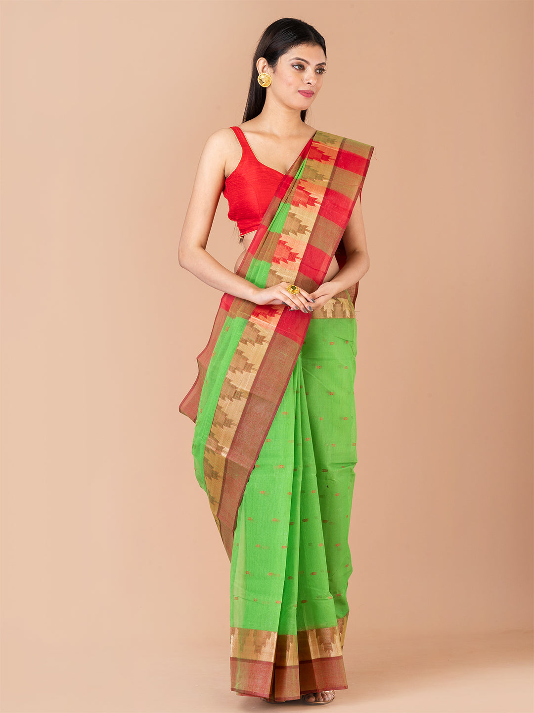 Green & Red pure cotton taant saree