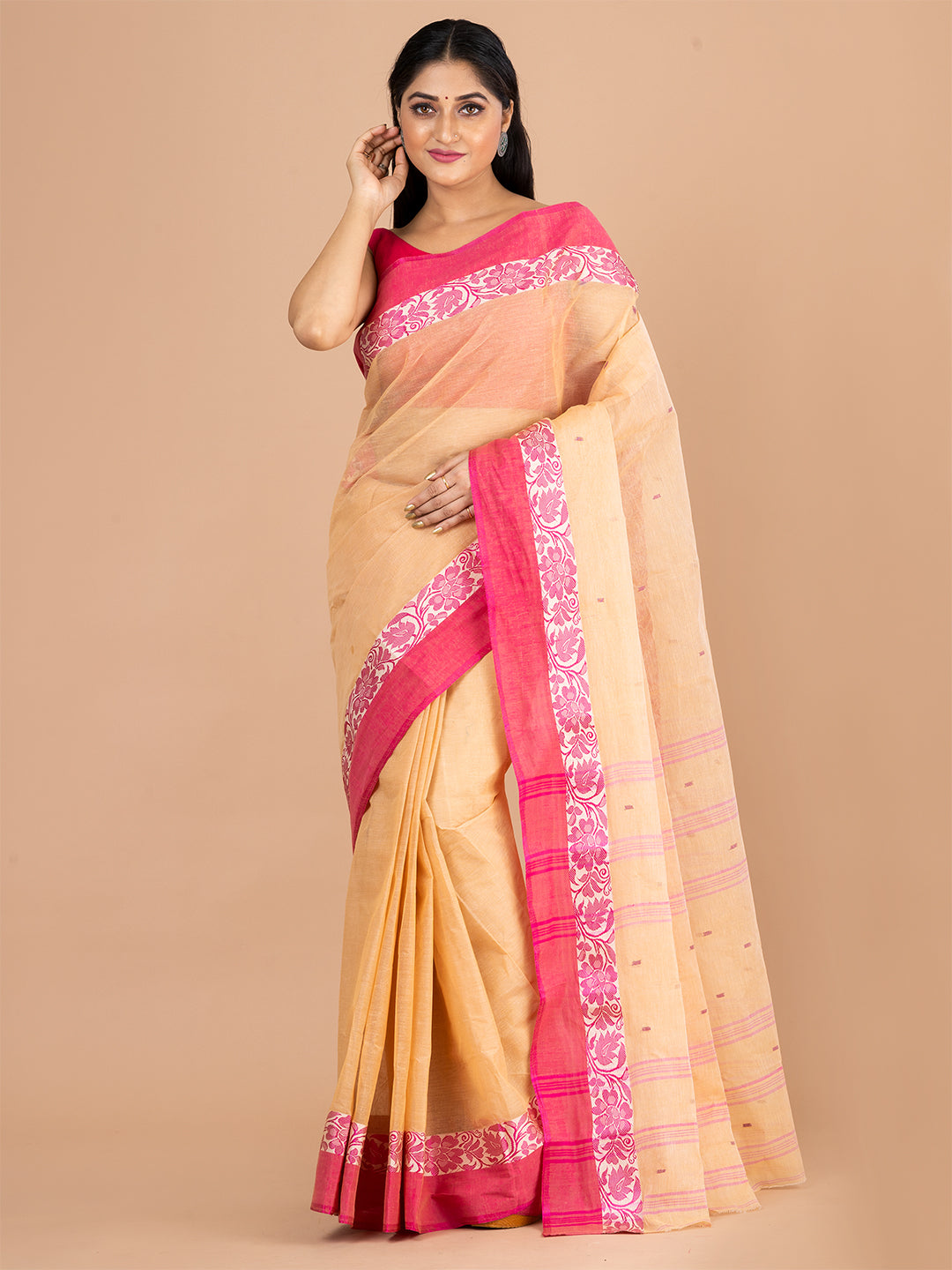 Beige & Pink pure cotton woven design taant saree