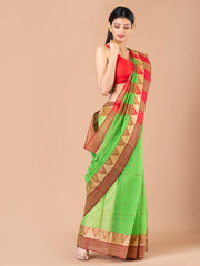 Green & Red pure cotton taant saree