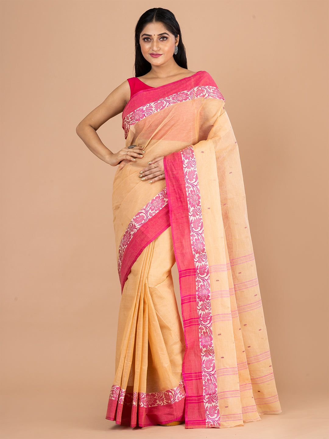 Beige & Pink pure cotton woven design taant saree