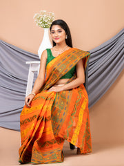 Laa Calcutta Orange & Multi pure cotton Taant saree