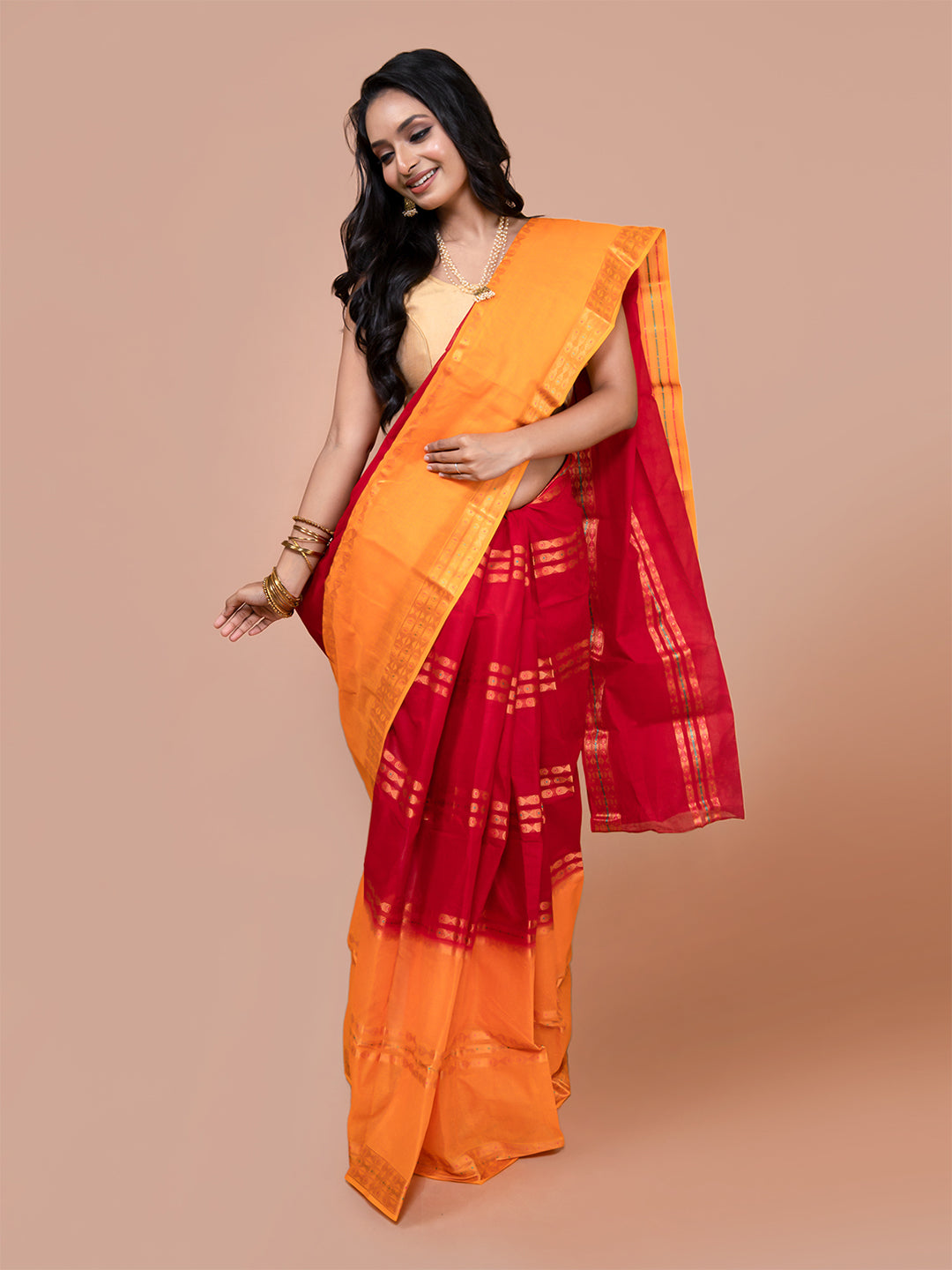 Laa Calcutta Red & Yellow pure cotton taant saree for women