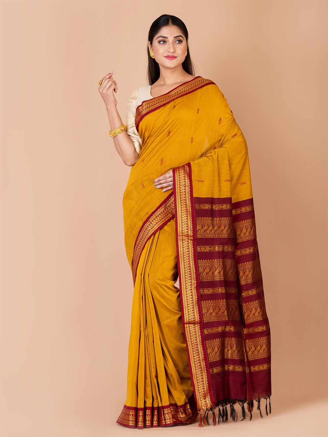 Mustard & Maroon Silk Gadwal Saree