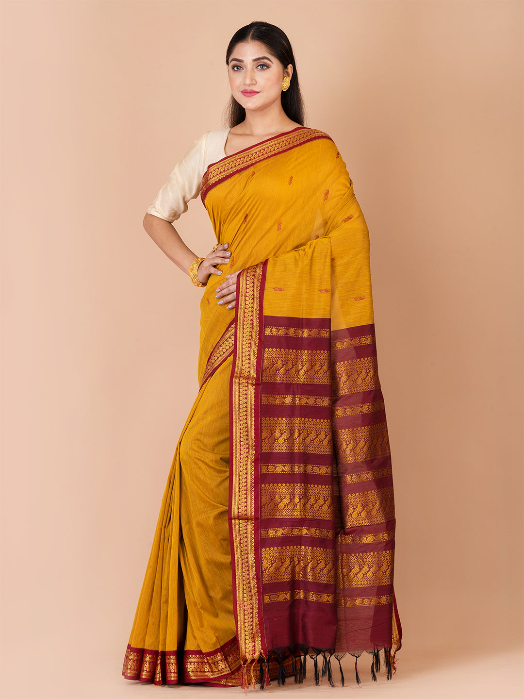 Mustard & Maroon Silk Gadwal Saree