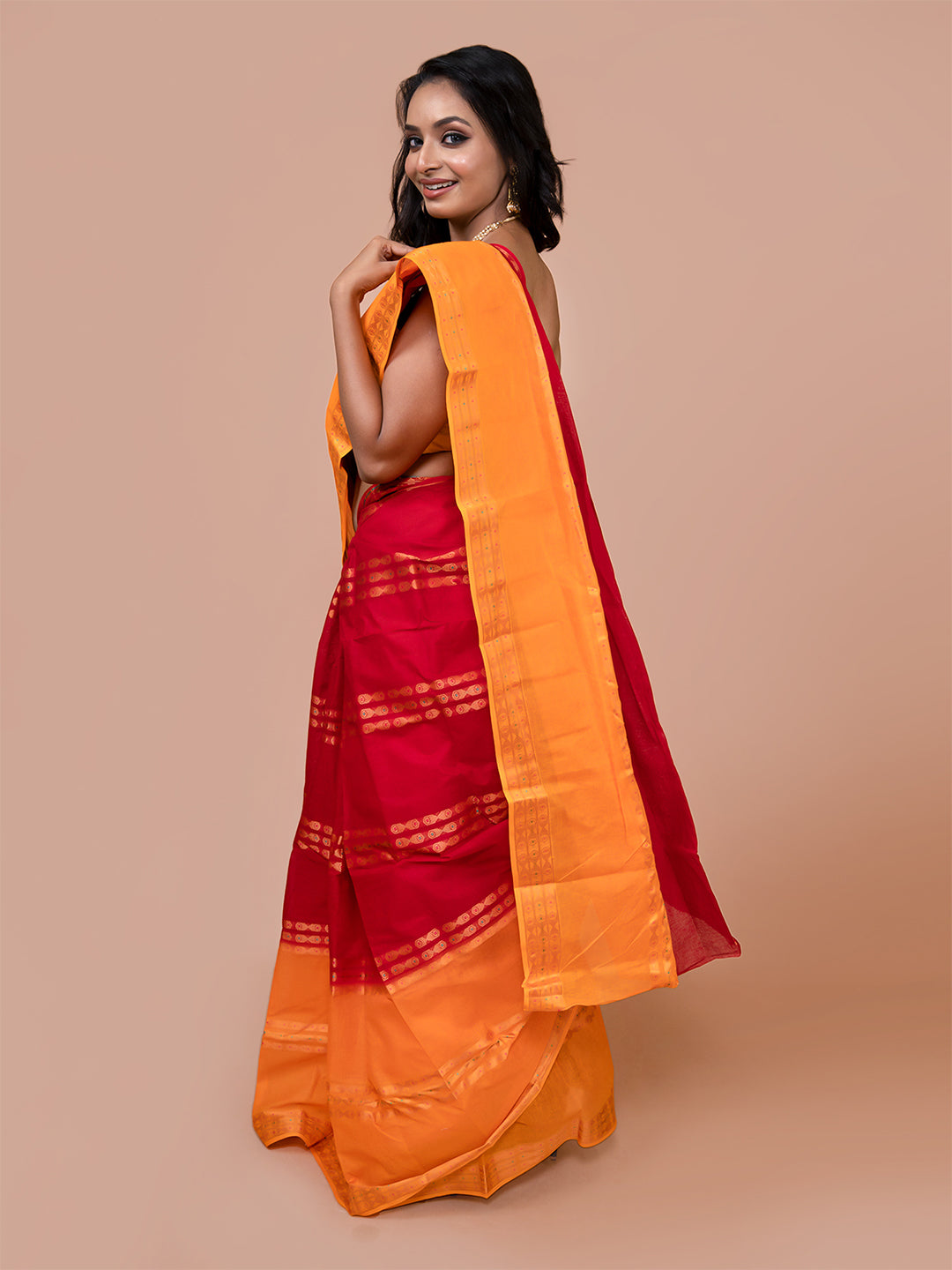 Laa Calcutta Red & Yellow pure cotton taant saree for women