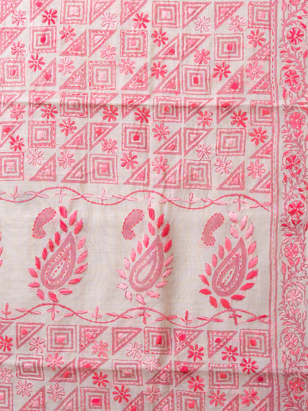 Laa Calcutta Off White & Red Chanderi silk printed pattterns hand woven embroidered kantha stitch saree for women (Copy)