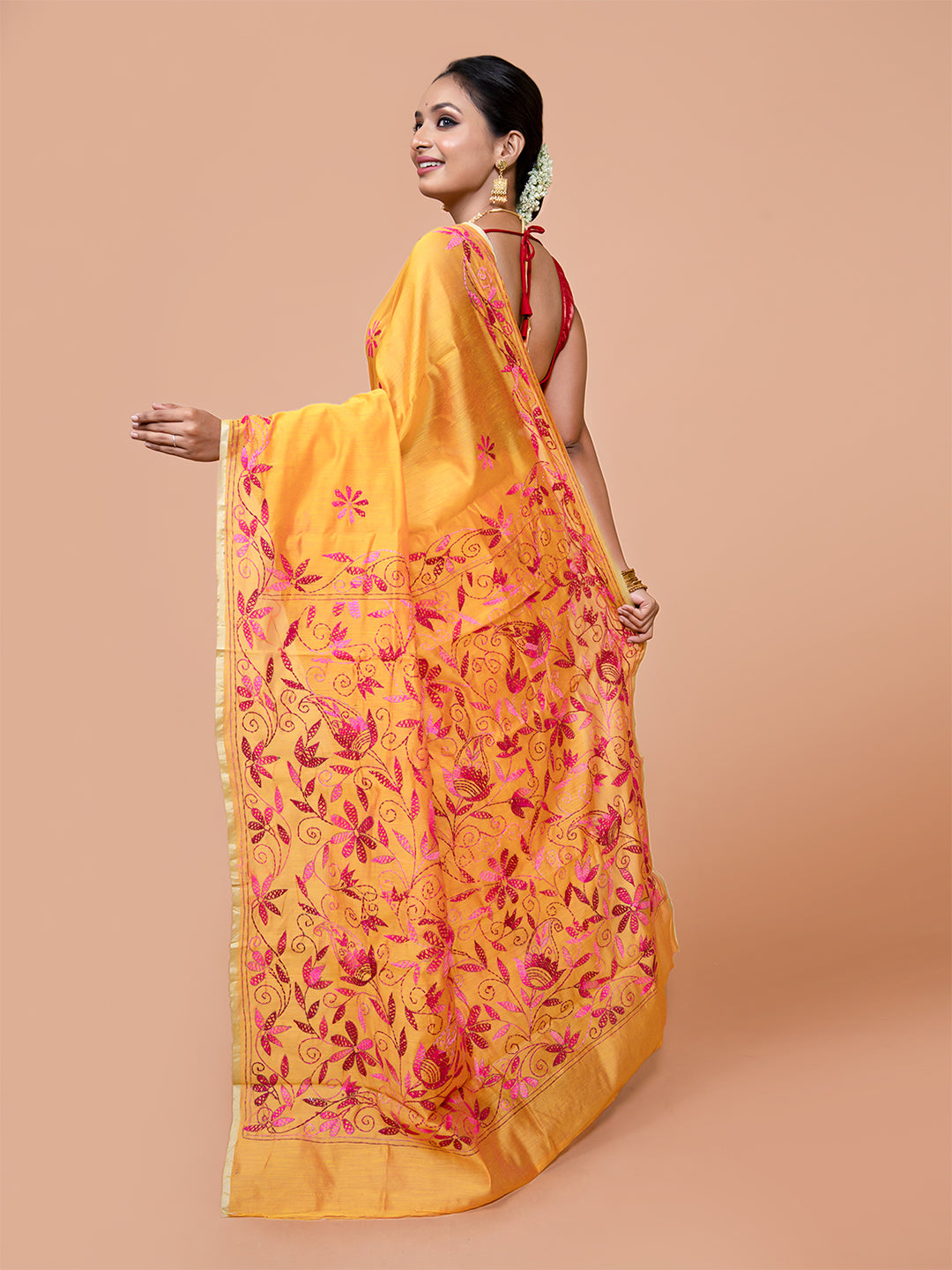 Laa Calcutta Mustard & Pink silk blend embroidered kantha work saree for women