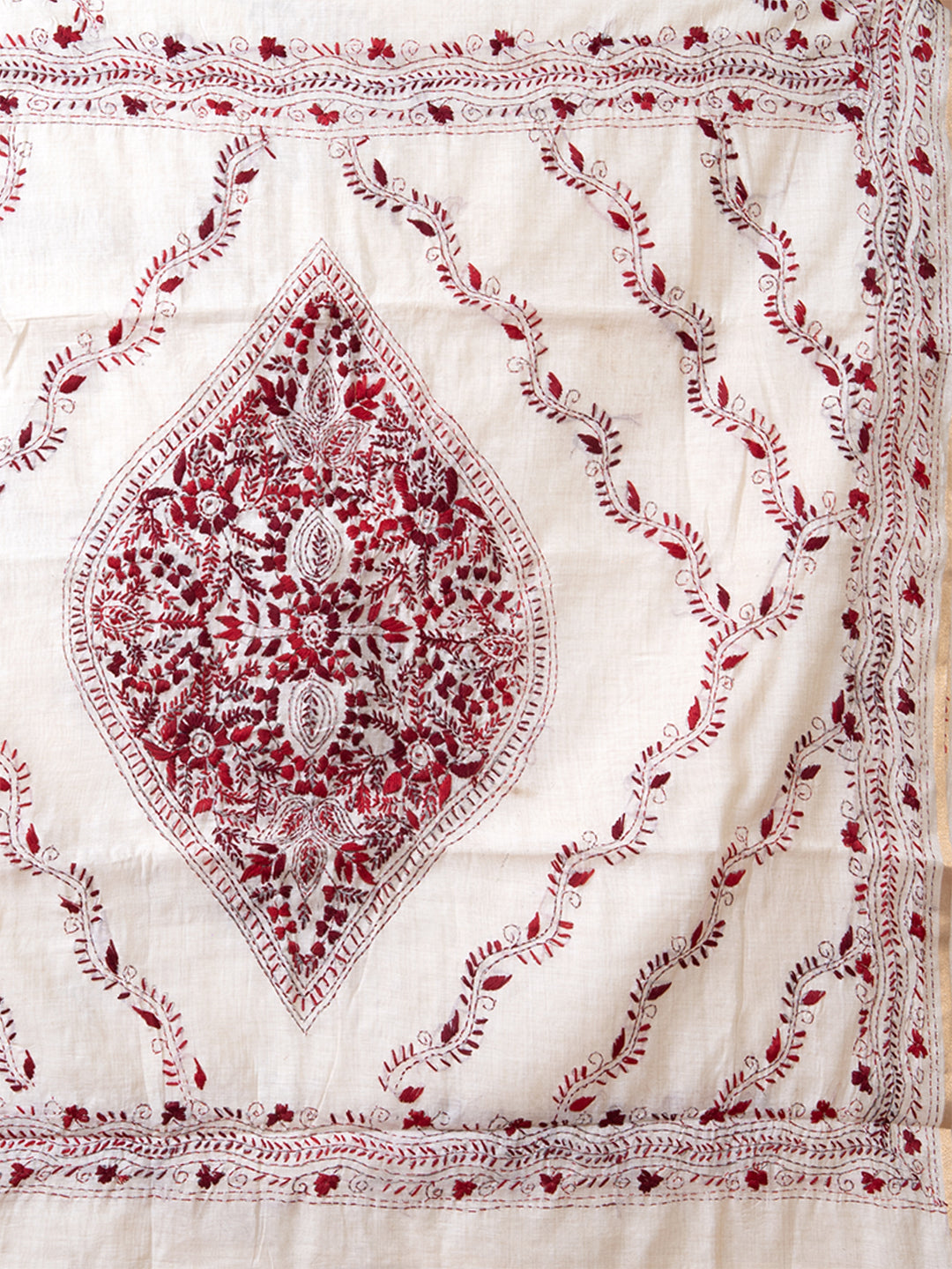 Laa Calcutta Off White & Maroon Chanderi silk printed pattterns hand woven embroidered kantha stitch saree for women