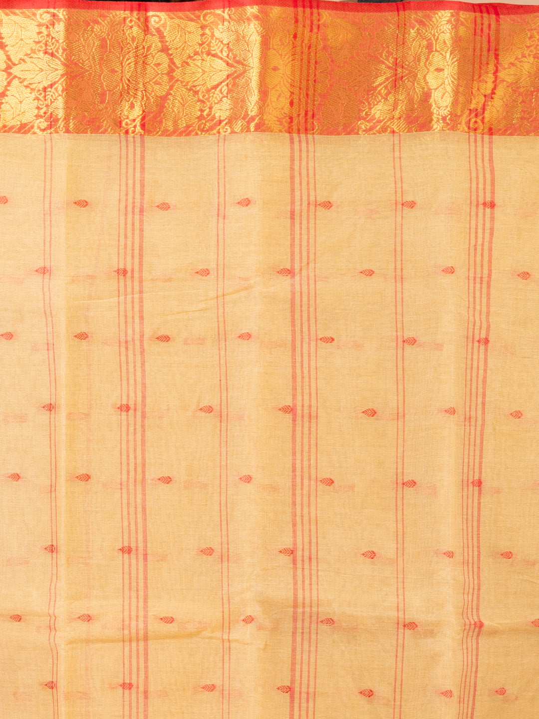 Beige & Red pure cotton taant saree