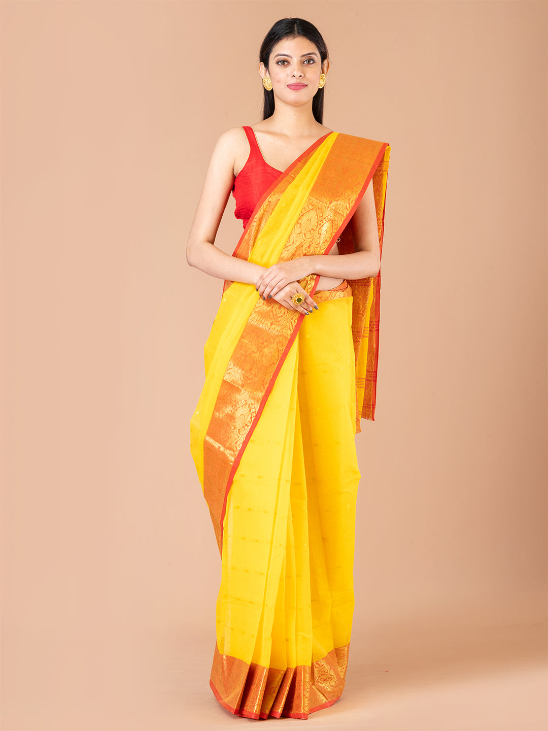 Yellow & Red pure cotton woven design taant saree