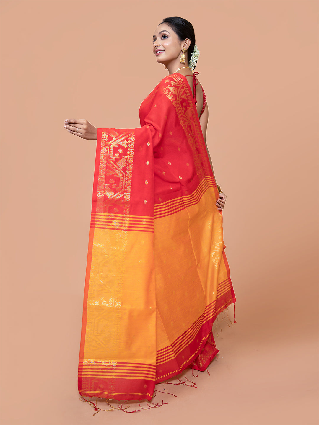 Laa Calcutta Red & Yellow zari design silk cotton saree for women