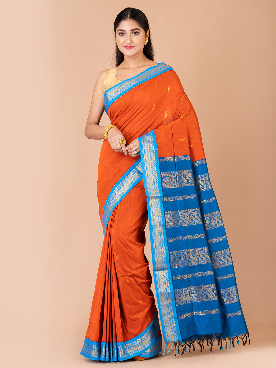 Orange & Blue Silk Gadwal Saree