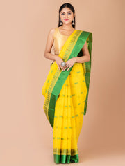 Yellow & Green pure cotton woven design taant saree