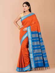 Orange & Blue Silk Gadwal Saree