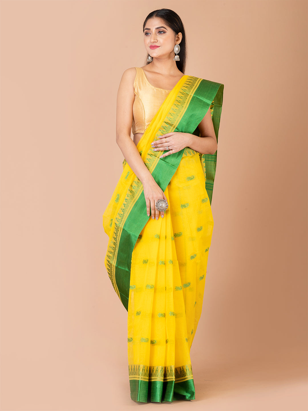 Yellow & Green pure cotton woven design taant saree