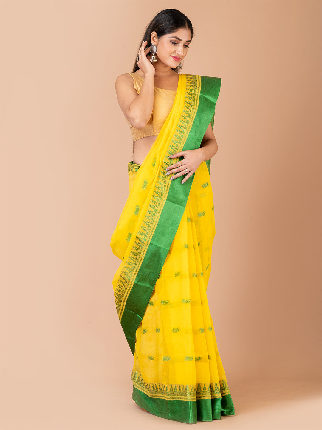 Yellow & Green pure cotton woven design taant saree