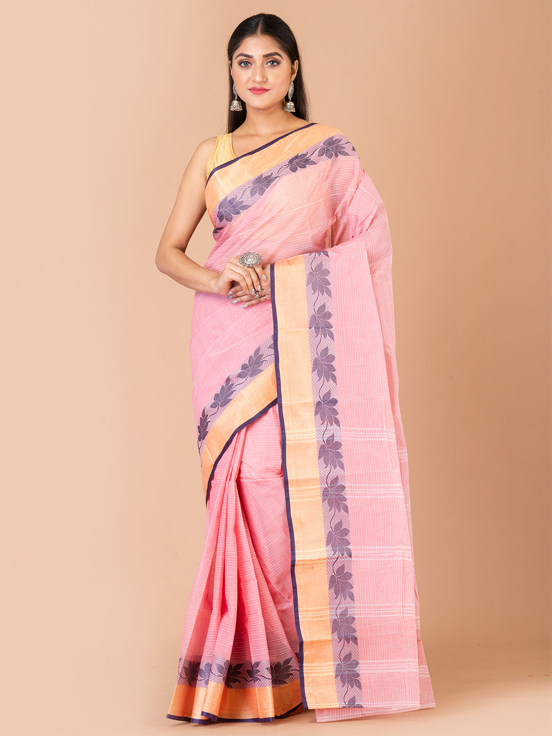 Pink & Navy Blue pure cotton woven design taant saree