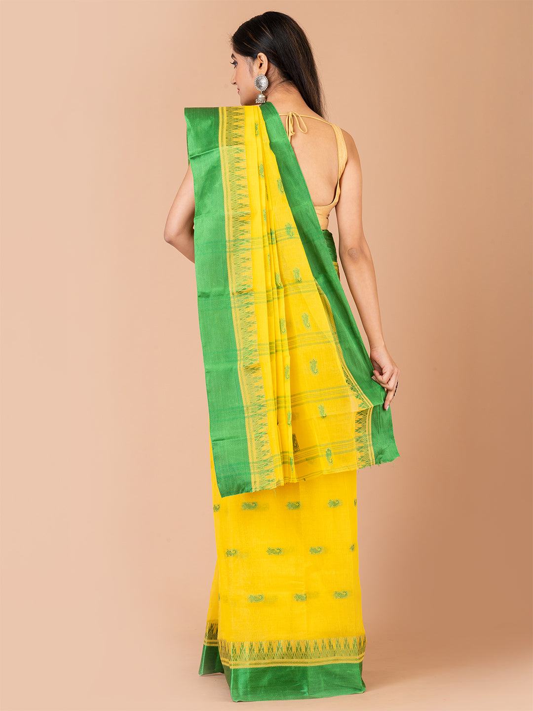 Yellow & Green pure cotton woven design taant saree