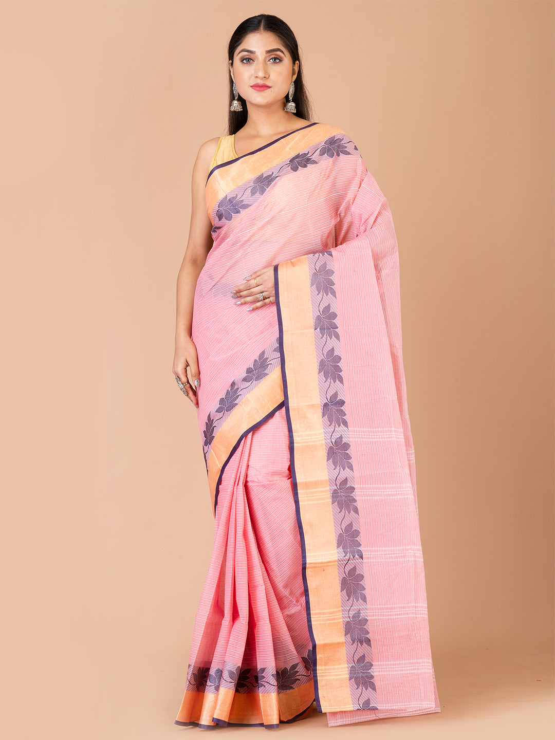 Pink & Navy Blue pure cotton woven design taant saree