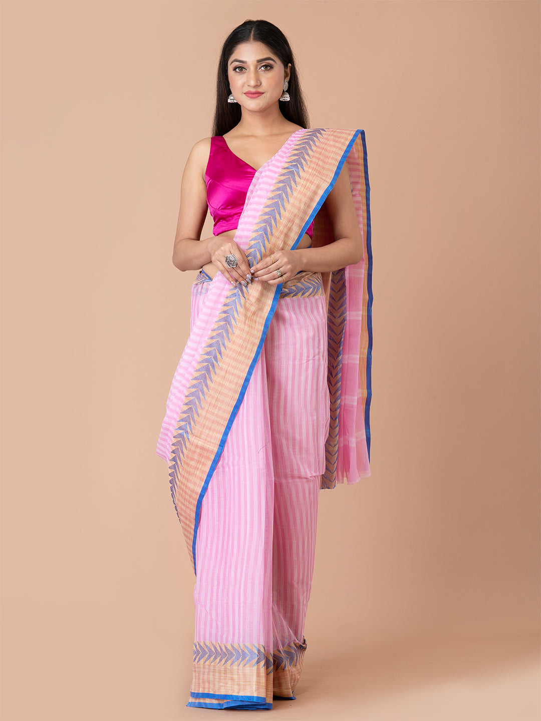 Pink & Blue pure cotton woven design taant saree