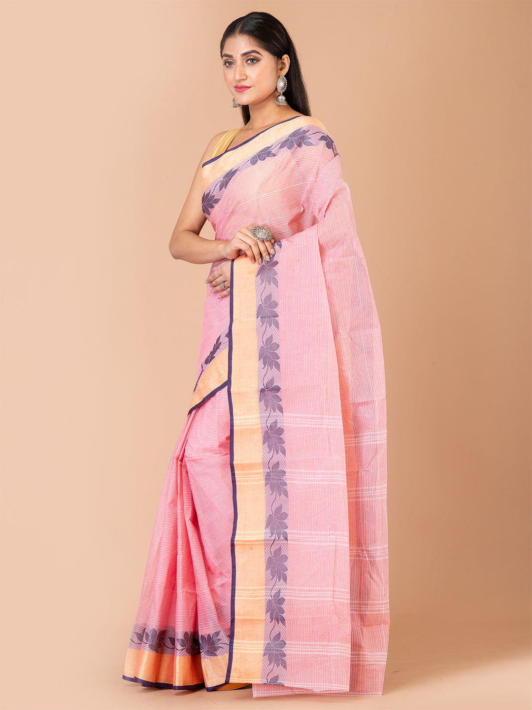 Pink & Navy Blue pure cotton woven design taant saree