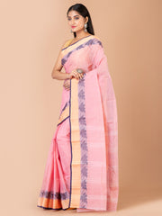 Pink & Navy Blue pure cotton woven design taant saree