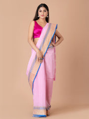 Pink & Blue pure cotton woven design taant saree