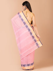 Pink & Navy Blue pure cotton woven design taant saree