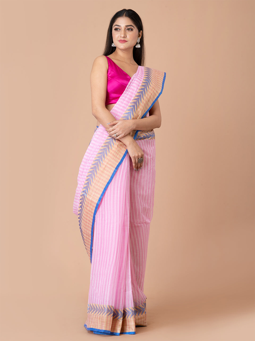 Pink & Blue pure cotton woven design taant saree