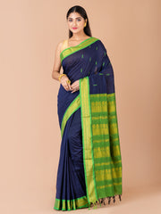 Navy Blue & Green Silk Gadwal Saree