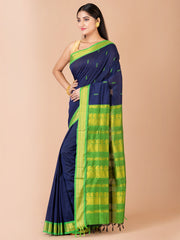 Navy Blue & Green Silk Gadwal Saree