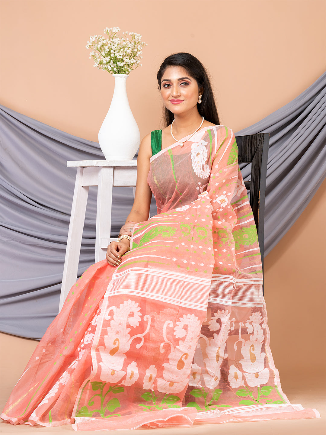 Laa Calcutta Peach & Multi pure cotton jamdani saree