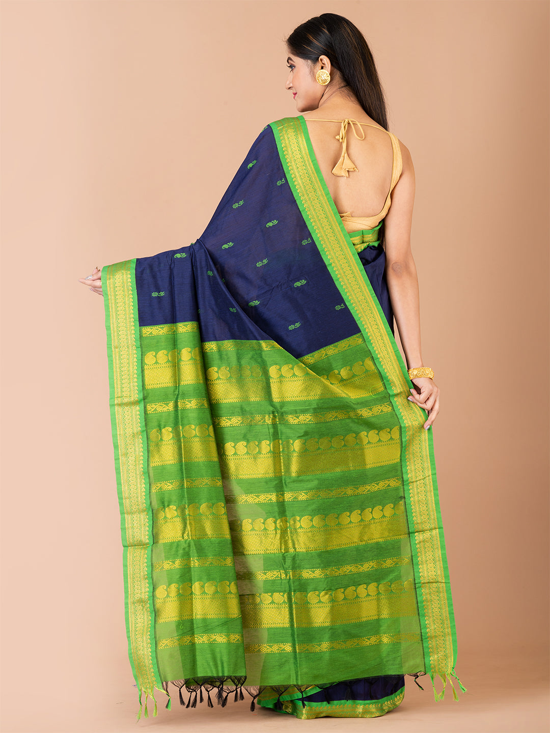 Navy Blue & Green Silk Gadwal Saree