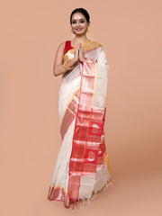 Laa Calcutta White & Red kota Paisley motifs zari par silk saree for women