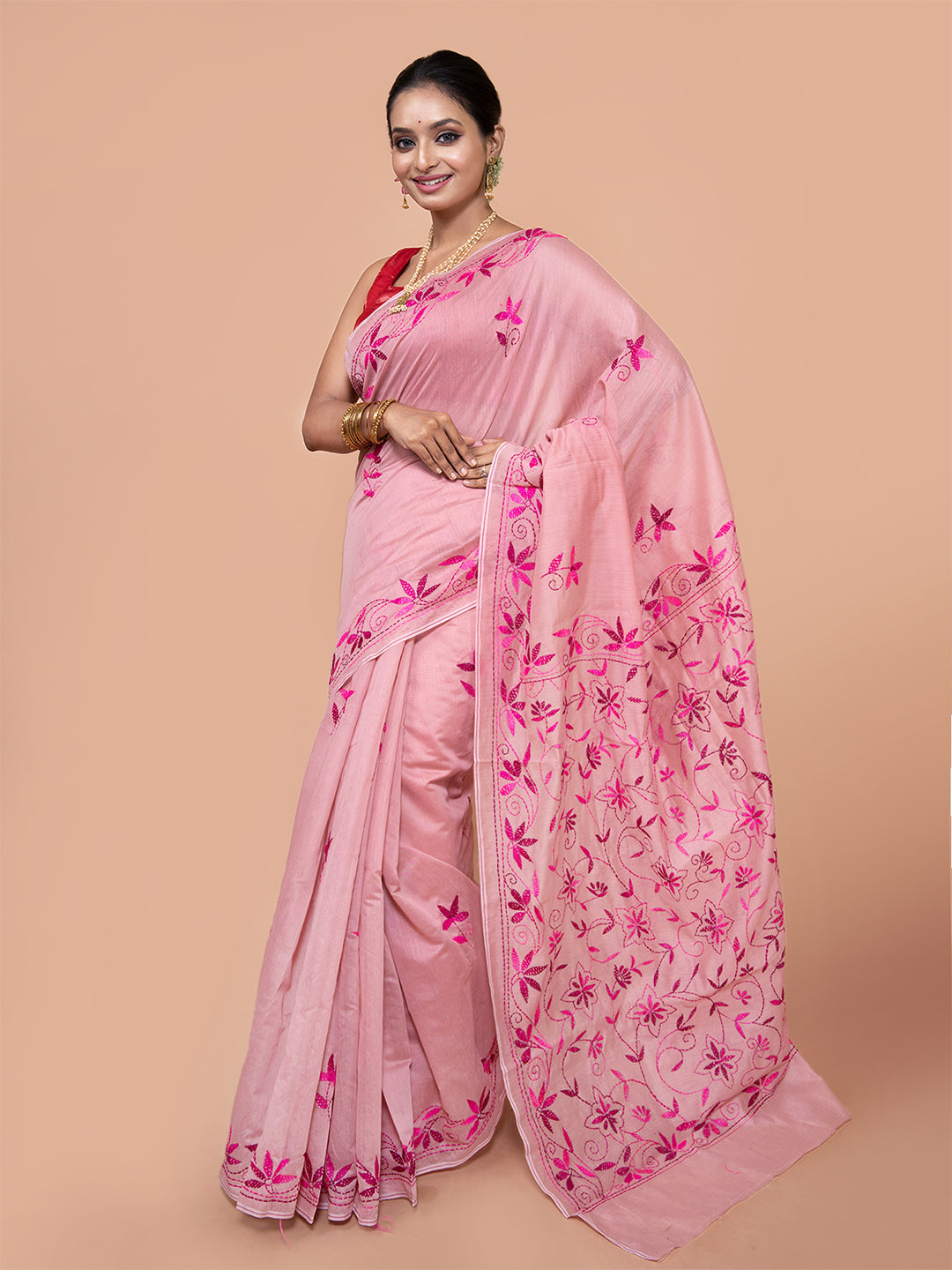 Laa Calcutta Pink silk blend floral embroidered kantha work saree for women