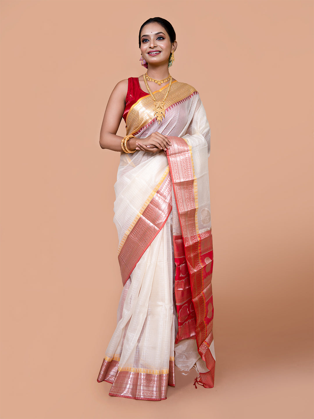 Laa Calcutta White & Red kota Paisley motifs zari par silk saree for women