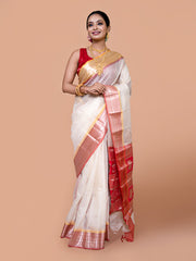 Laa Calcutta White & Red kota Paisley motifs zari par silk saree for women