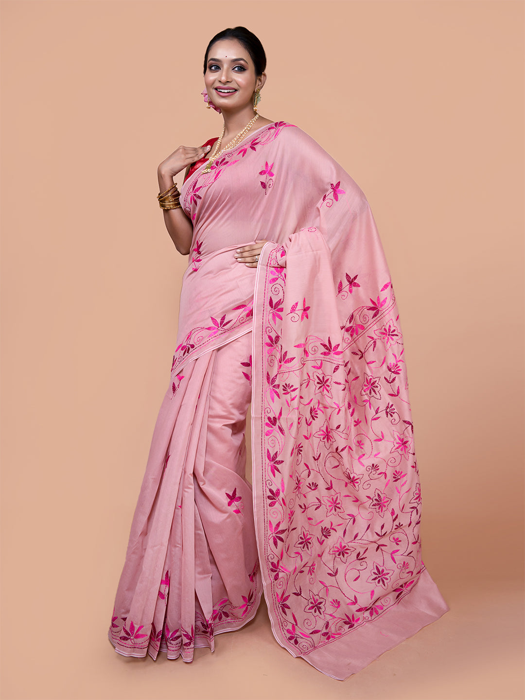 Laa Calcutta Pink silk blend floral embroidered kantha work saree for women