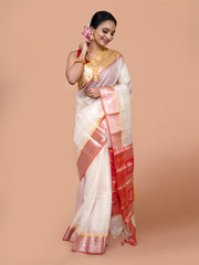 Laa Calcutta White & Red kota Paisley motifs zari par silk saree for women