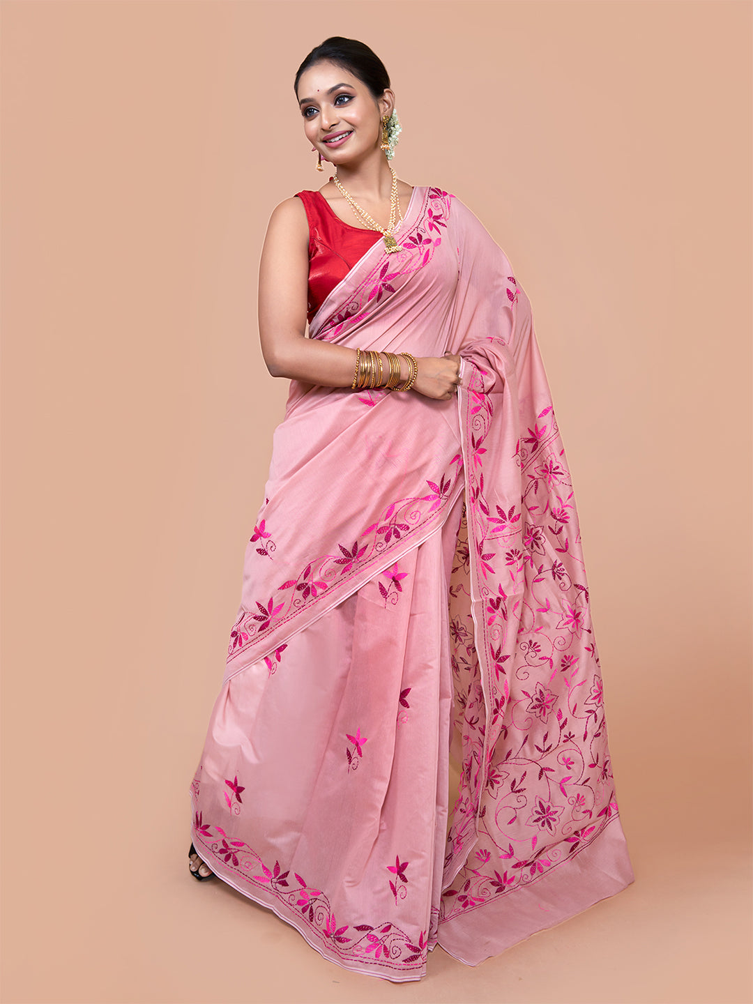 Laa Calcutta Pink silk blend floral embroidered kantha work saree for women