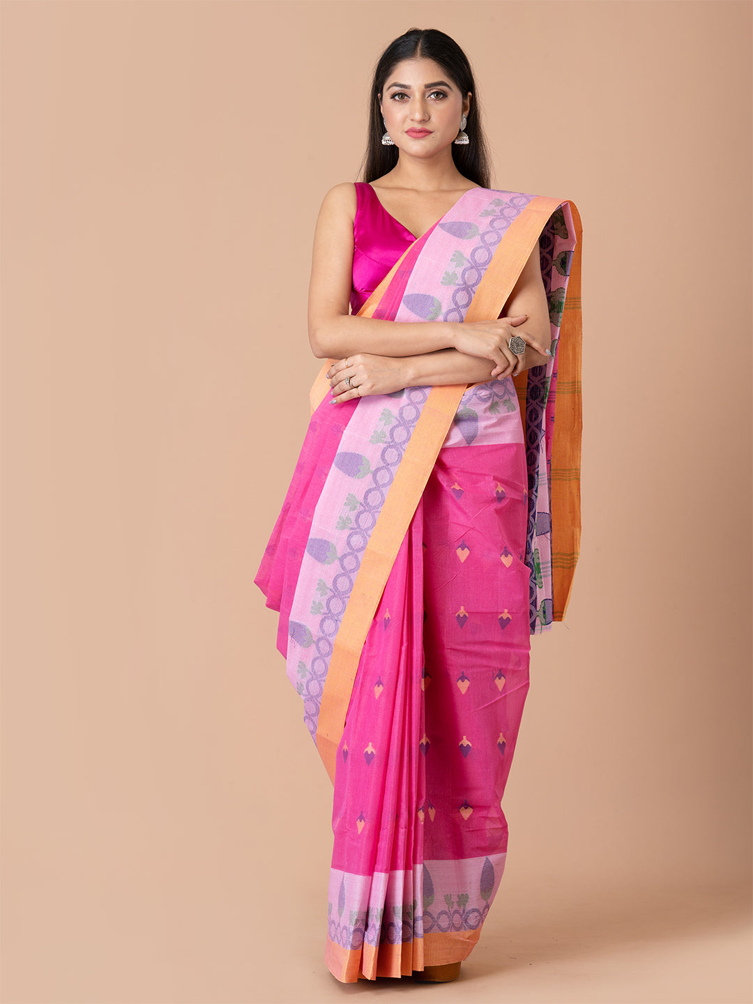 Pink & Blue pure cotton woven design taant saree